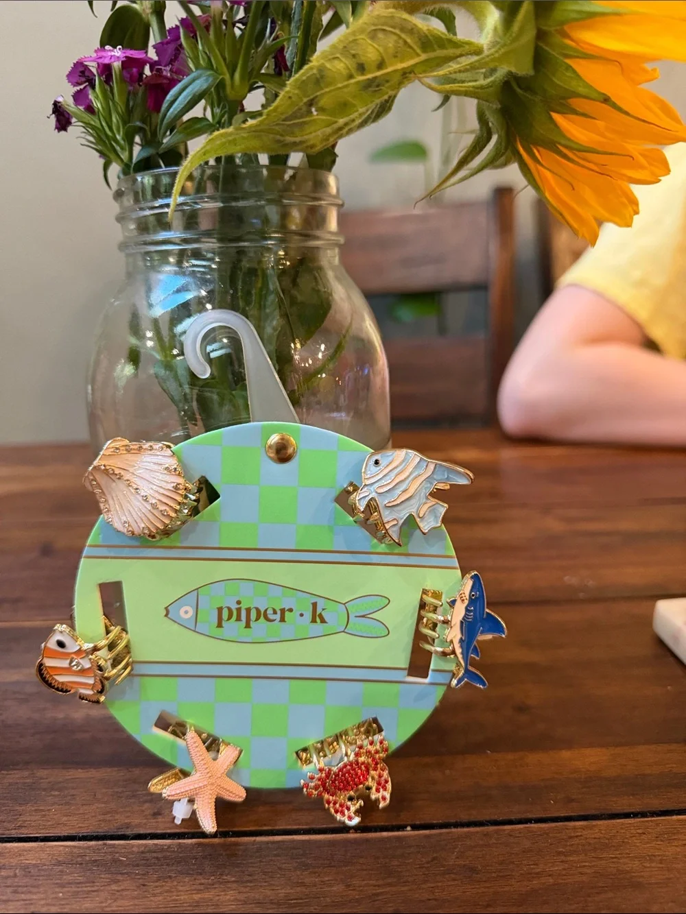 piper.k Green Checkerboard Seashell & Fish Hair Clips Set